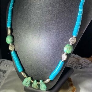 Turquoise and Heishi Beads Silver Tone Necklace.